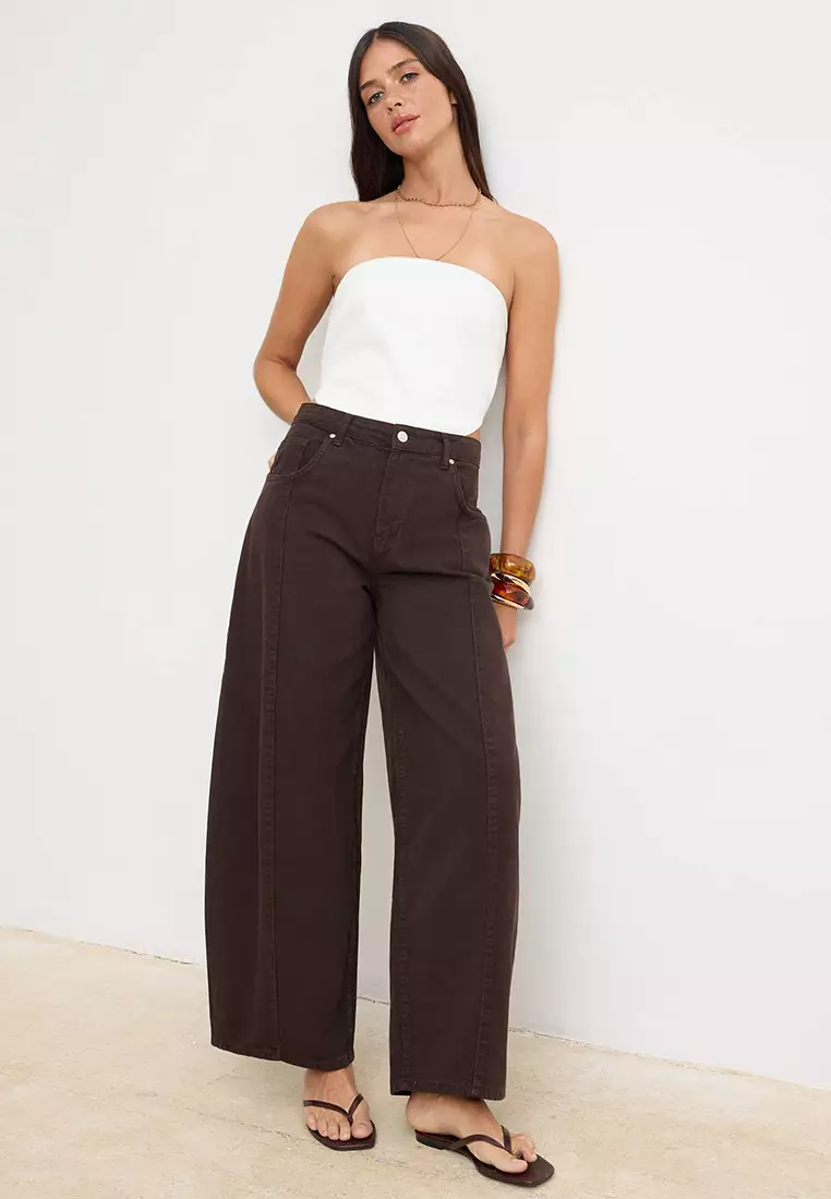 Brown Draped High Waist Baggy Jeans With Stitching Detail Twoss26Je8