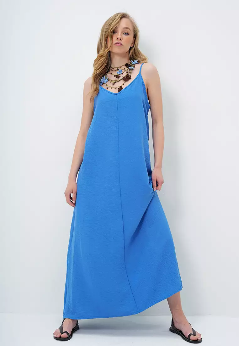 Women's Indigo Blue Adjustable Strap V-Neck Aerobin Summer Dress Alc-X14067