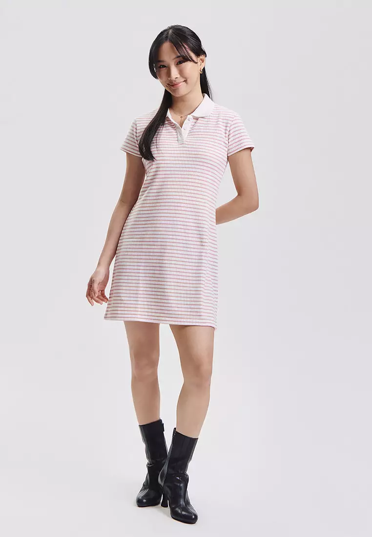 Short Sleeve Ribbed Knit Stripe Polo Dress