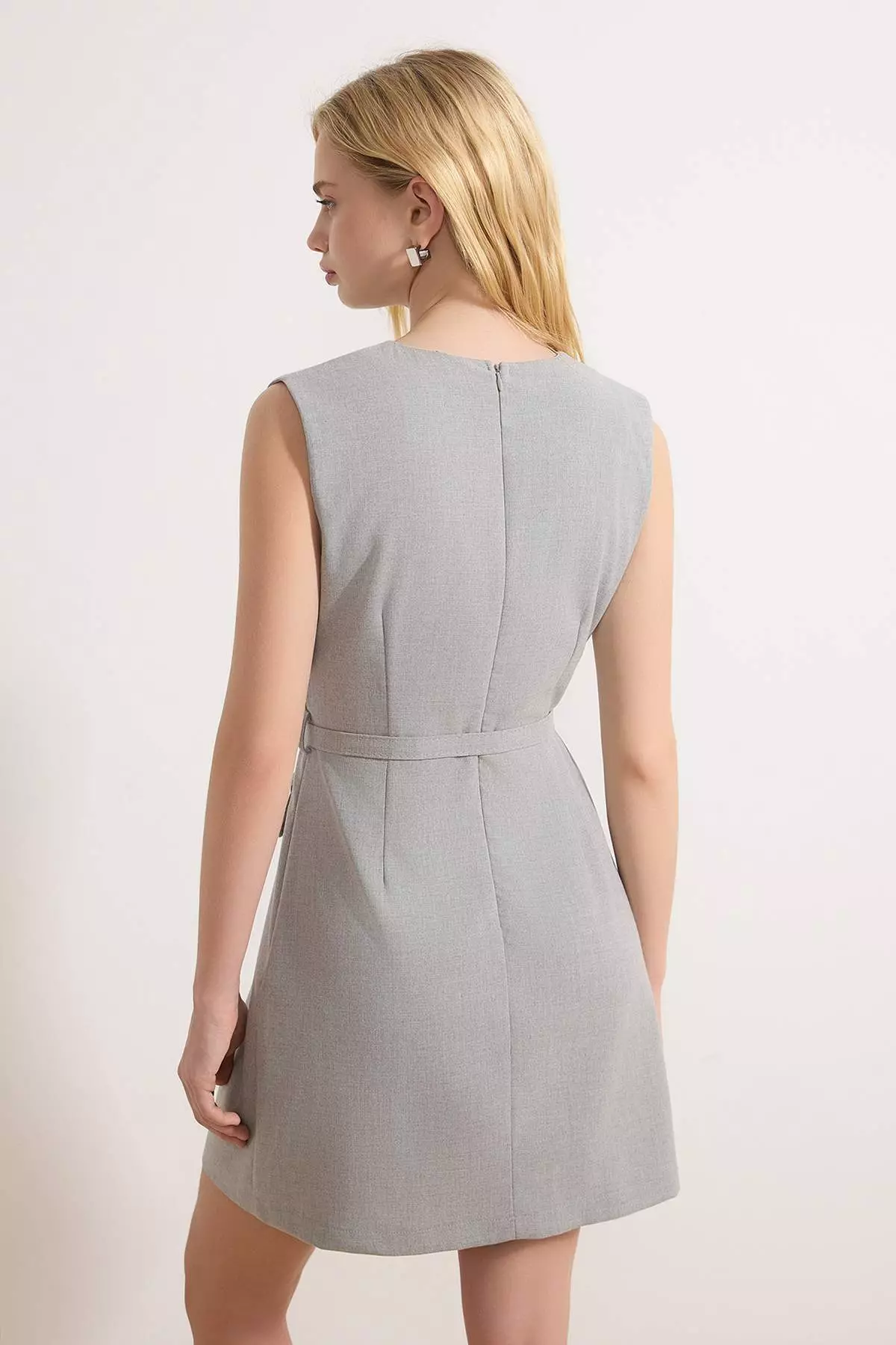 Gray Belted Short / Mini Woven Dress Twoss26El124