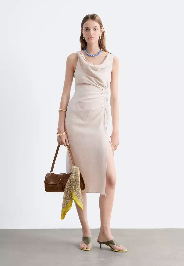 Twist-Strap Linen Midi Dress