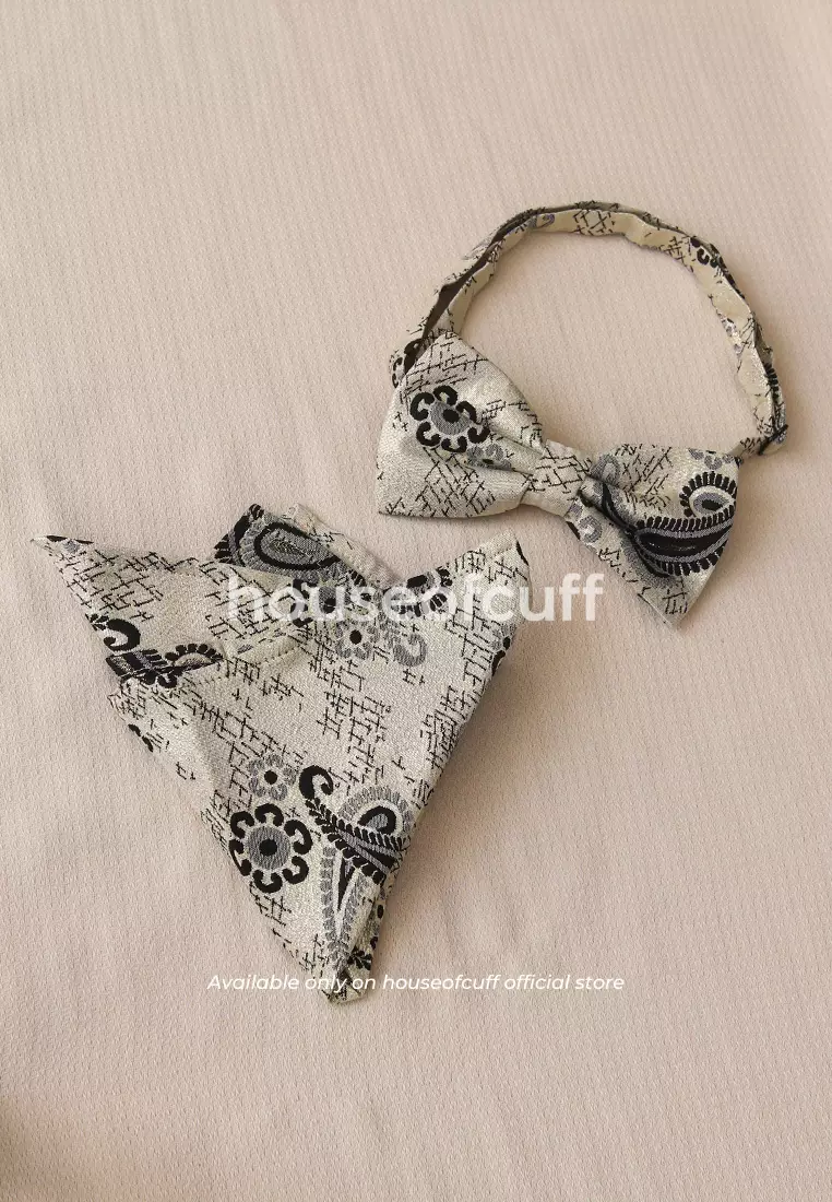 Houseofcuff dasi kupu pria bowtie pocket square jacquard cream muda motif batik
