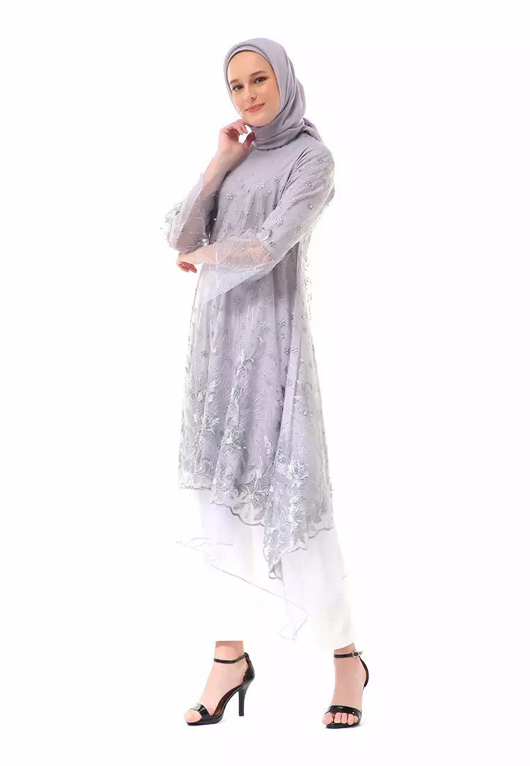 Laika Dress Muslimah Brukat Long Sleeve High Quality Premium Wanita - Gray