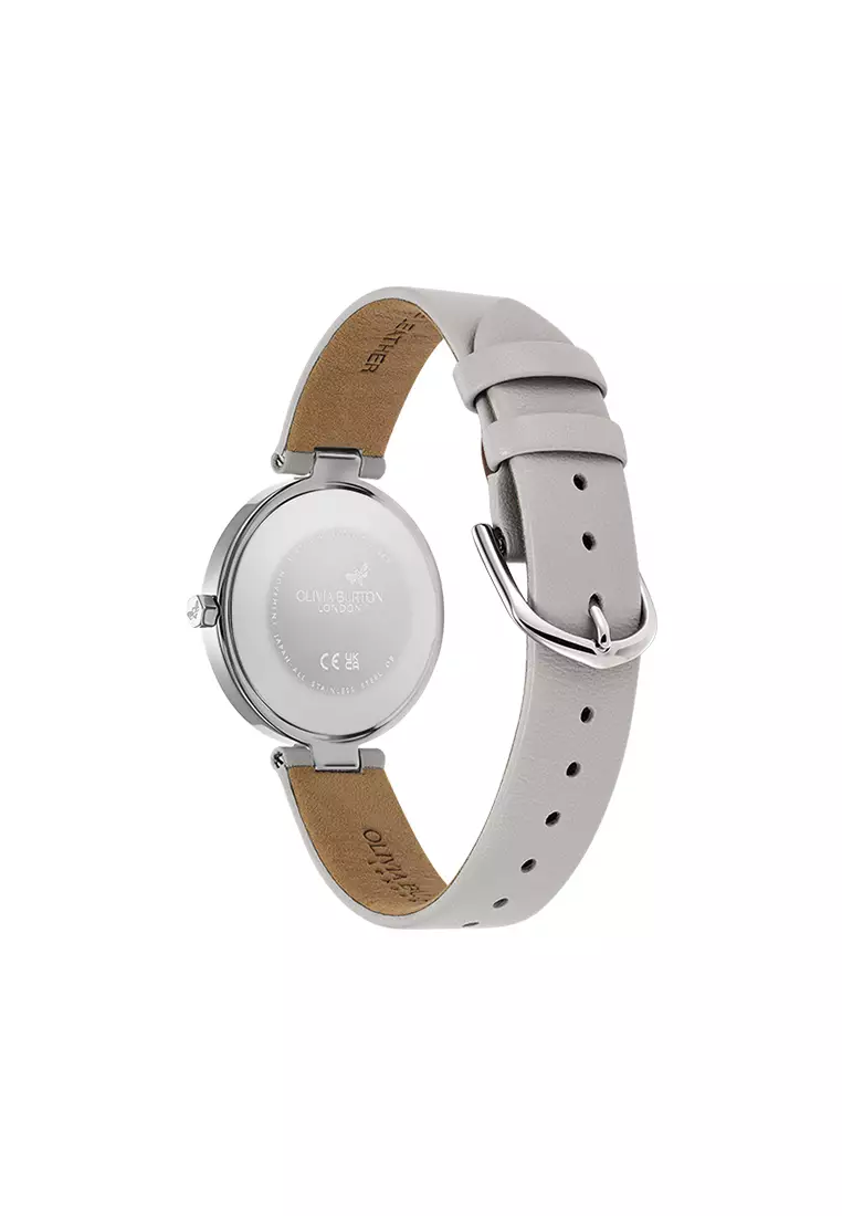 Olivia Burton Classic T-Bar Silver White Dial Earl Grey Leather Strap 32mm - 24000262