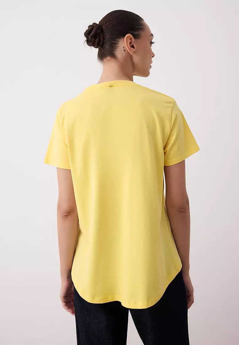 Brown Yellow Asymmetrical Front Back Detail Knitted T Shirt