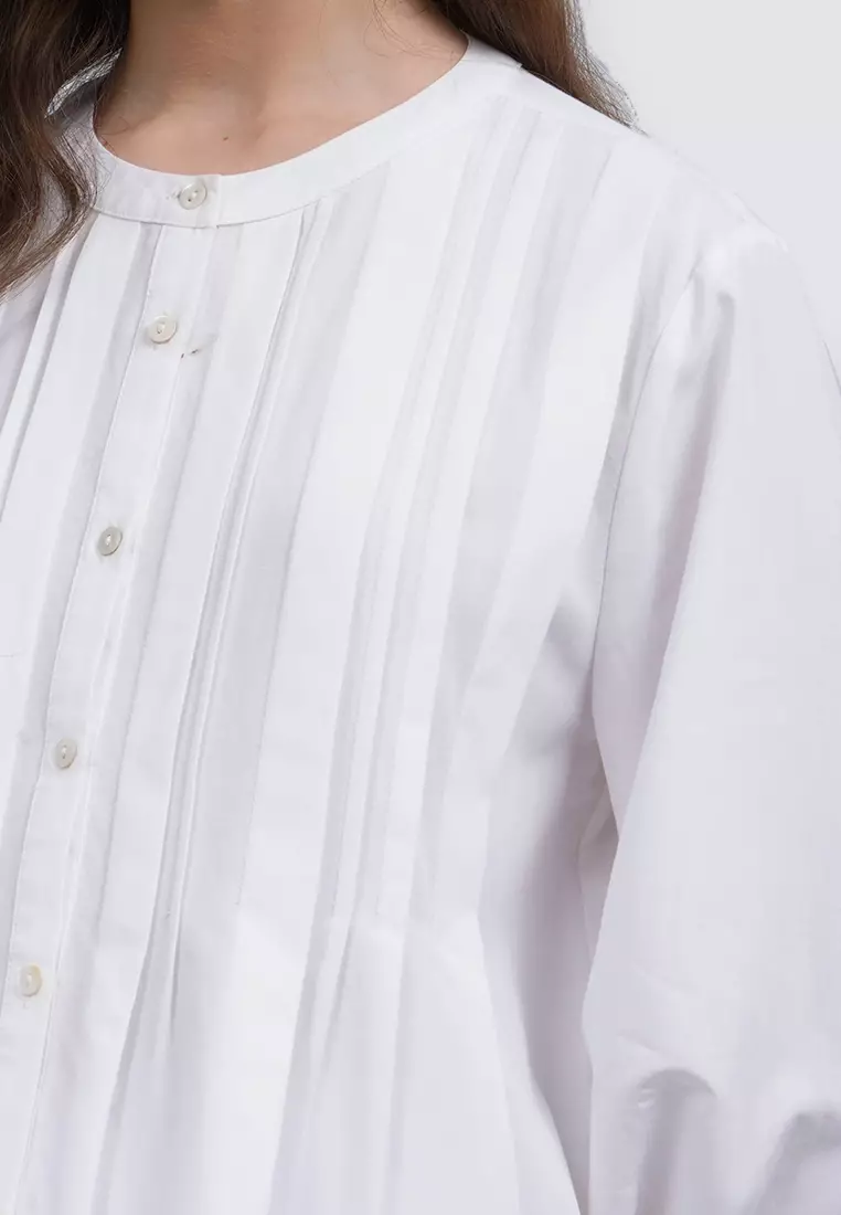 Long Sleeve Blouse with Pleated Front OFF WHITE