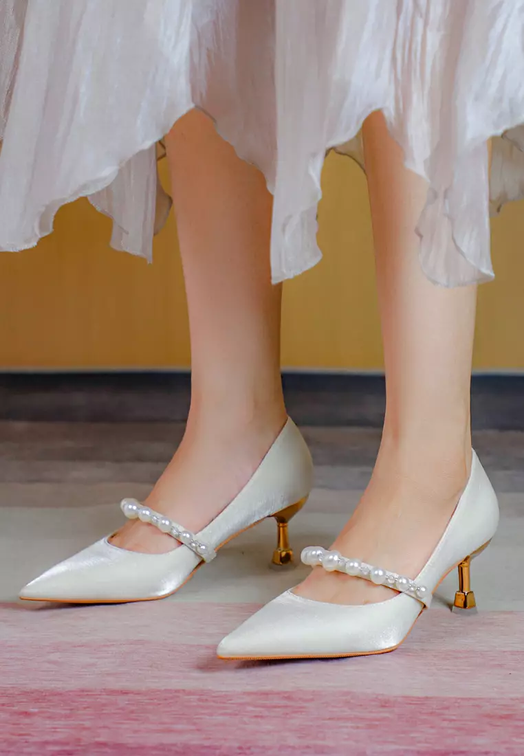 6CM Pearl Strap Satin Fabric Pumps 2170-8