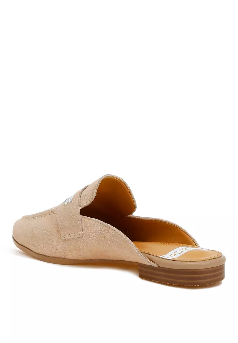 Rhinestone Strap Suede Mules in Sand