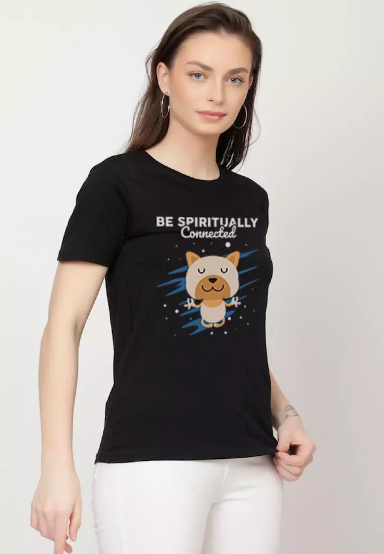 Spiritually Connected Bear Relaxed Short Sleeve Stylish Black Cotton Casual Graphic Print Tee/TShirt