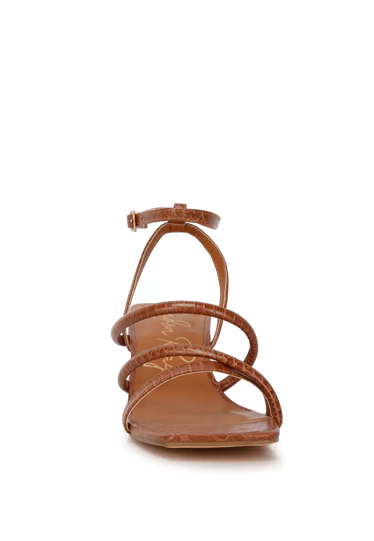 Tan Croc Mid Block Heel Casual Sandals