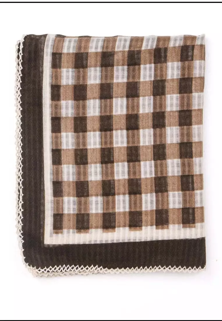 Aksesoris Wanita Checks  Print Crochet Hem Square Scarf Syal Wanita Kotak-kotak Brown & white