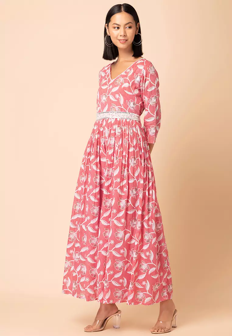 Peach Floral Print Embroidered Mulmul Jumpsuit