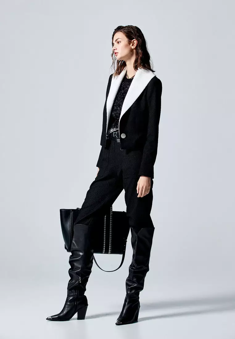 Crop Blazer With Contrast Wide Collar