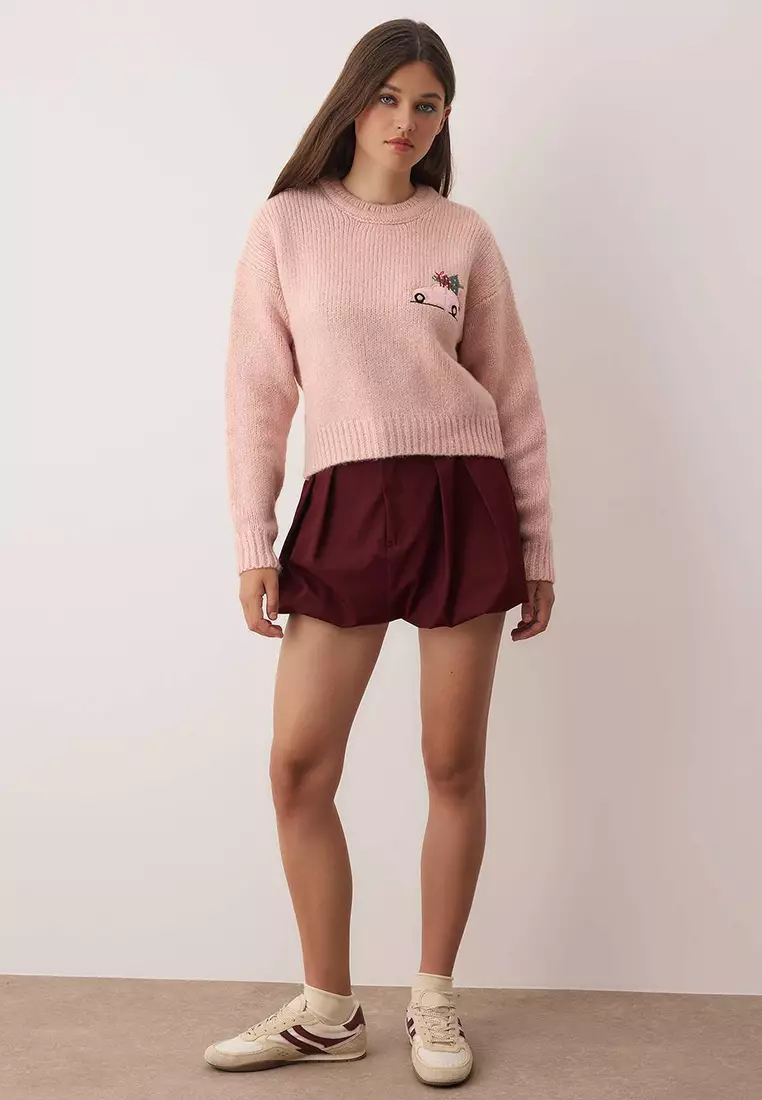Pink New Year's Themed Soft Texture Crop/Short Knit Sweater Twoaw26Kz00174