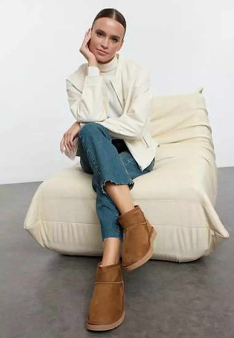 Tan Fur Inside Round Toe Flat Flatform Heeled Women's Boots Takaw25Bo00029