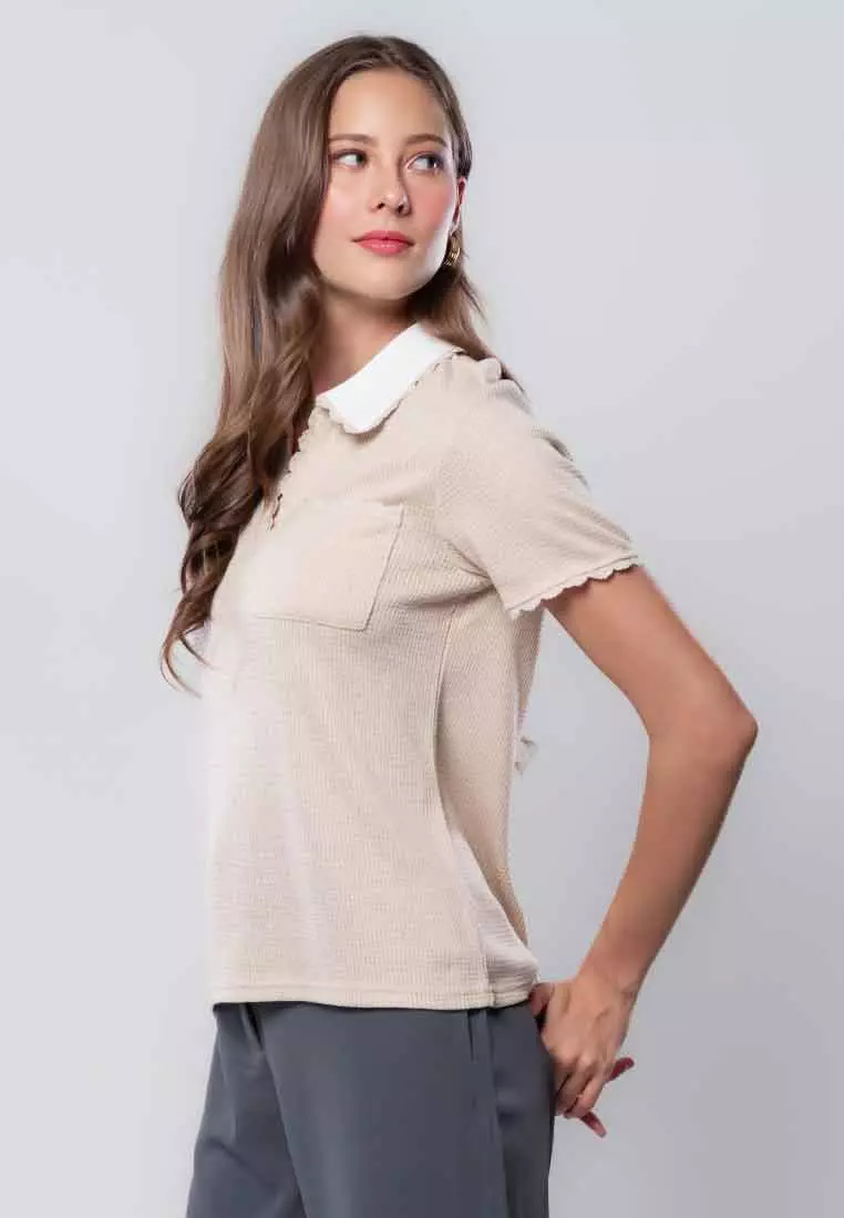 Ysabel Collared Knit Top with Scallop Trimming and Chest Pocket