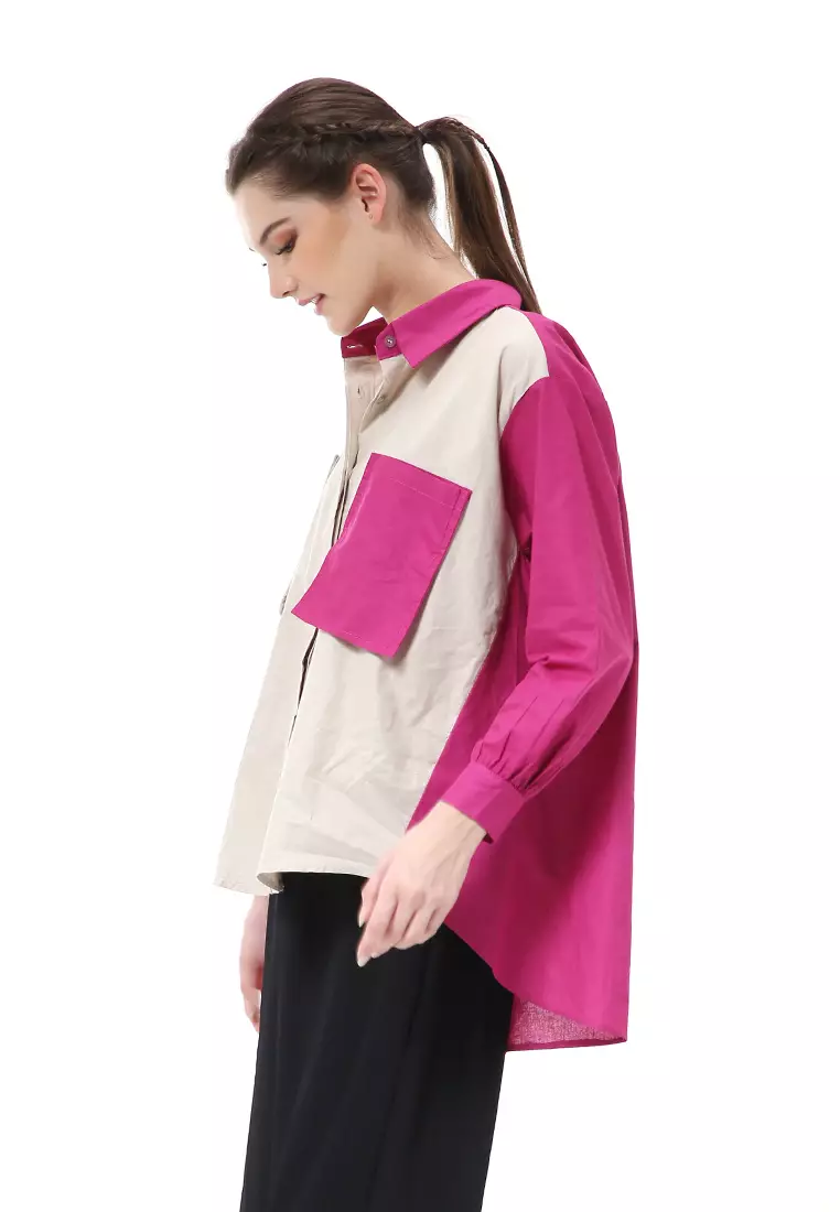 Brielle Atasan Wanita Kemeja Lengan Panjang Model Dua Warna Shirt Two Tone Material Cotton ORIGINAL - Beige Fuschia