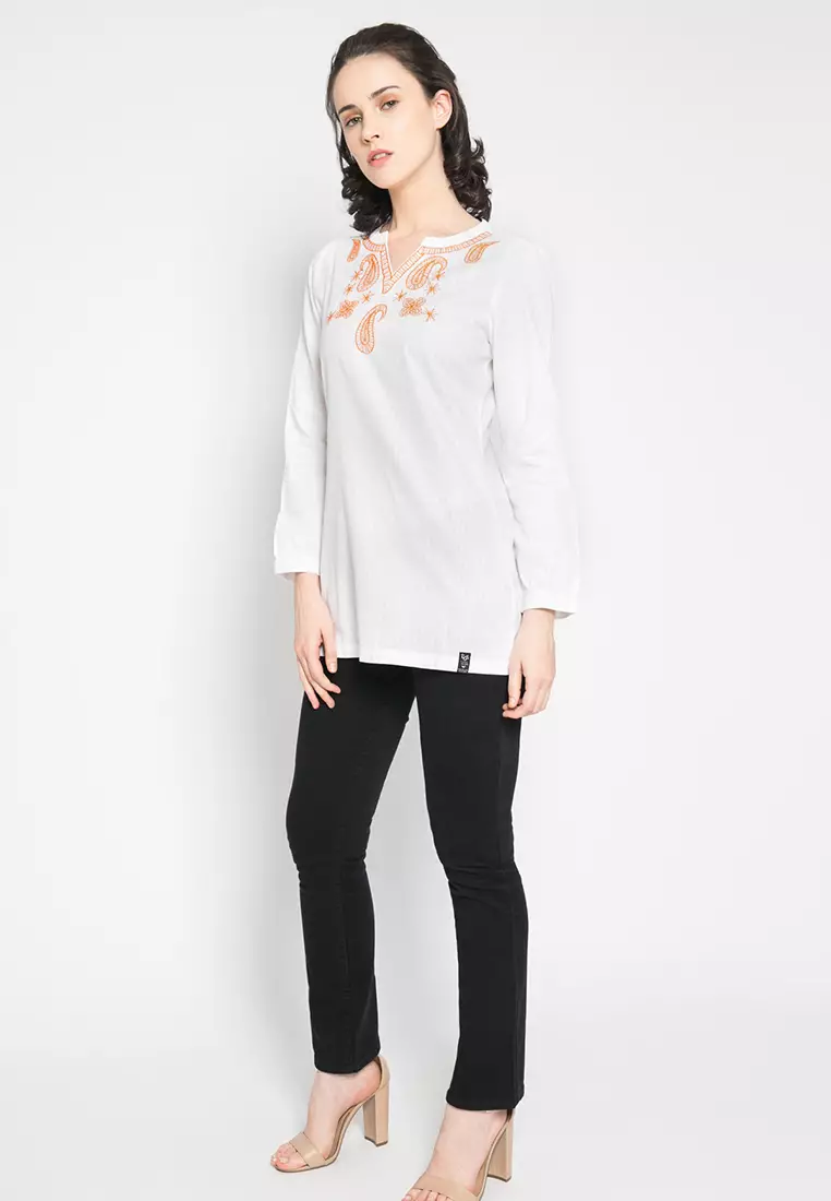 LGS - Tunik Wanita - Bordir Emas - Putih - LLSH.385.P1028.O337.7C L/S