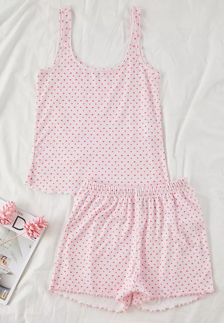 Pink 3-Piece Heart and Polka Dot Ribbed Shorts Knitted Pajama Set THMSS25PT00003
