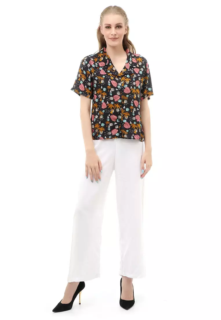 Holly Atasan Kasual Kemeja Wanita Hawai Jasmine Lengan Pendek Material Rayon ORIGINAL - Black