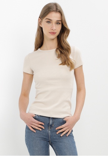 H&M beige Ribbed Cotton T-Shirt E6452AAD0E45A5GS_1