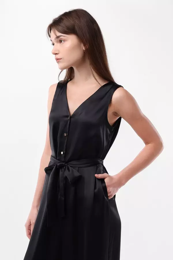 Minimal x Emily in Paris - Jewel Sleeveless Satin Jumpsuit - Black