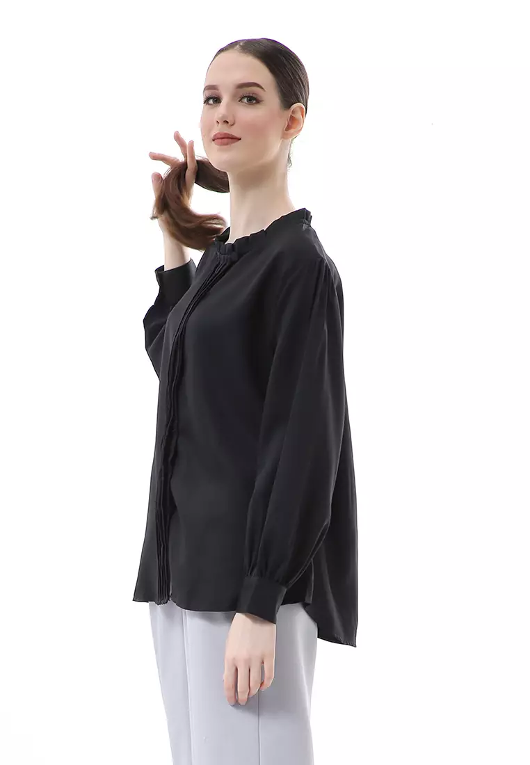 Vionka Kemeja Atasan Wanita Opnaisel Motif Polos - Black