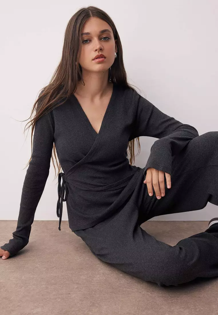 Anthracite Wrap Wideleg/Wide Leg Knitted Top-Bottom Set