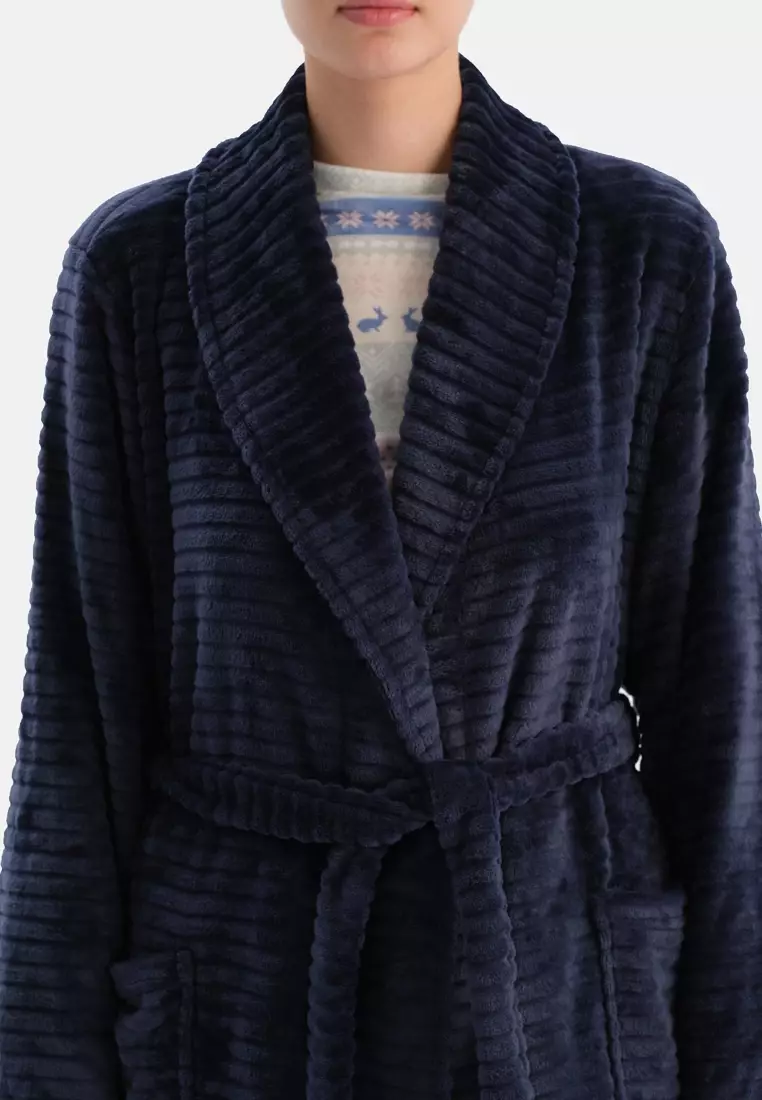 Navy Christmas Dressing Gown, Shawl Collar, Regular Fit, Long Sleeve Sleepwear for Women