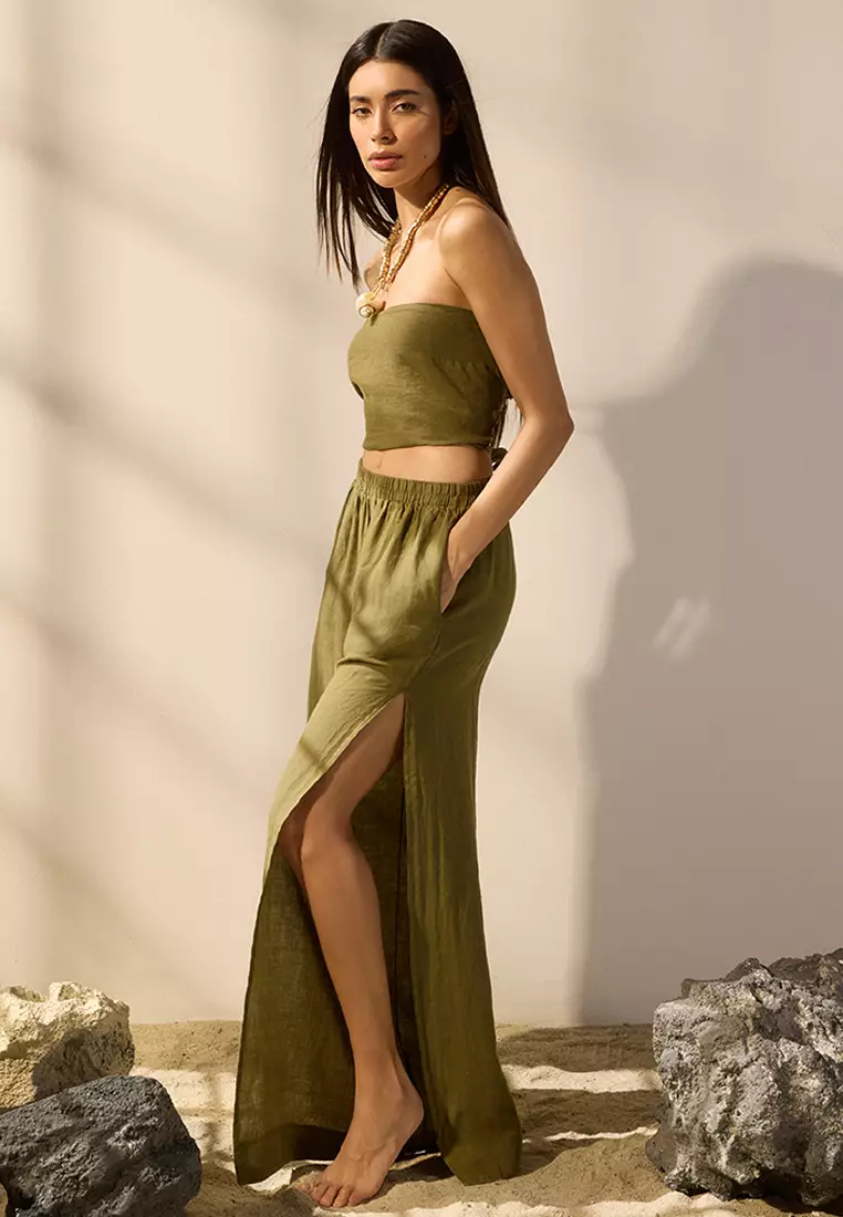 Khaki Weaving 100% Linen Slit Beach Trousers TBESS25PL00004