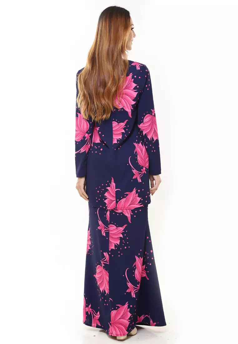 Rina Printed Kurung Navy Pink Flower