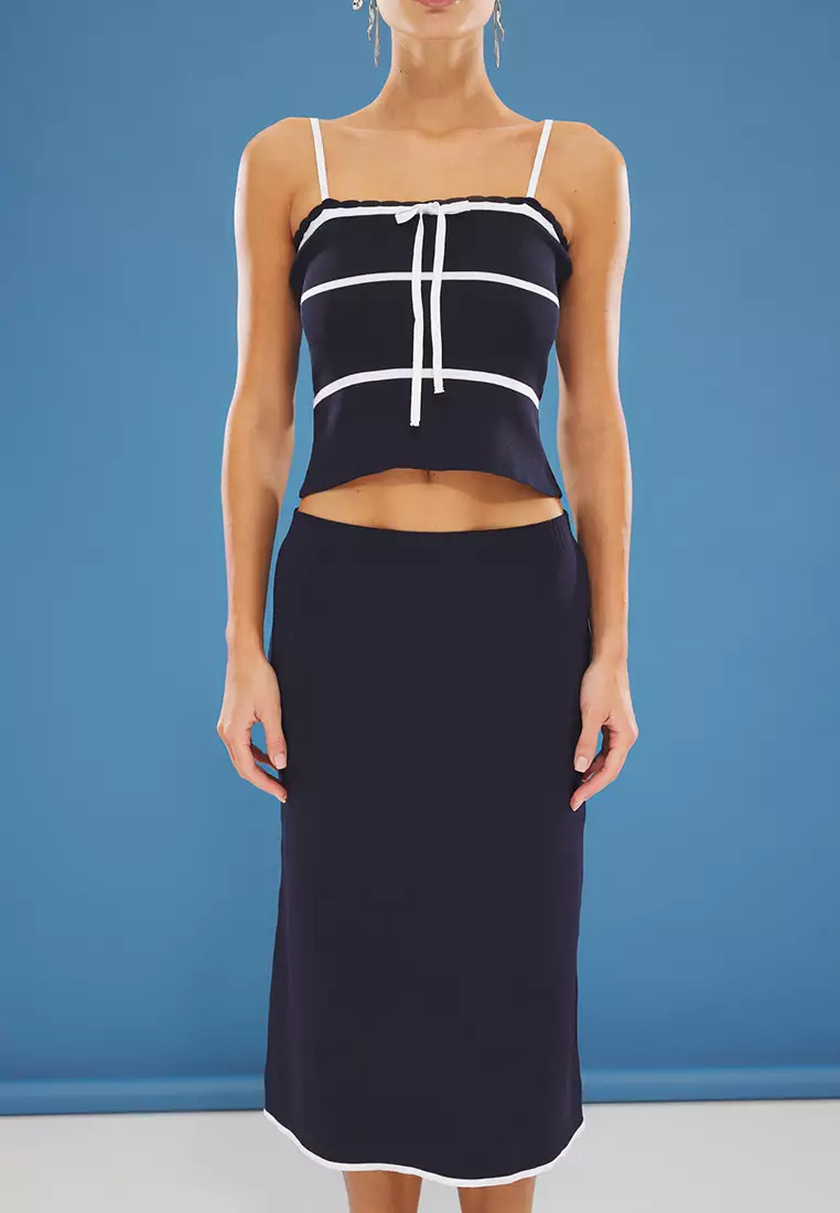 Navy Blue Ribbon Detail Blouse-Skirt Knitwear Top Bottom Set