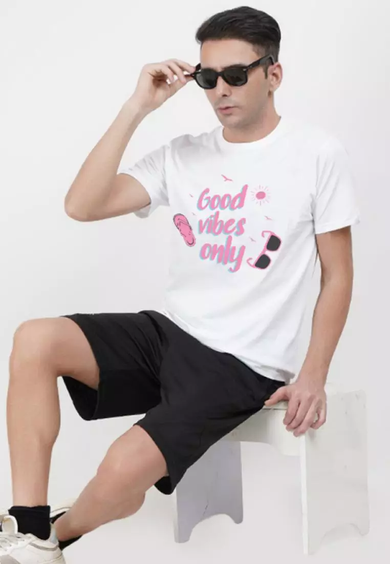 Good Vibes Only White Cotton Short Sleeve Crew Neck Regular Fit Tee