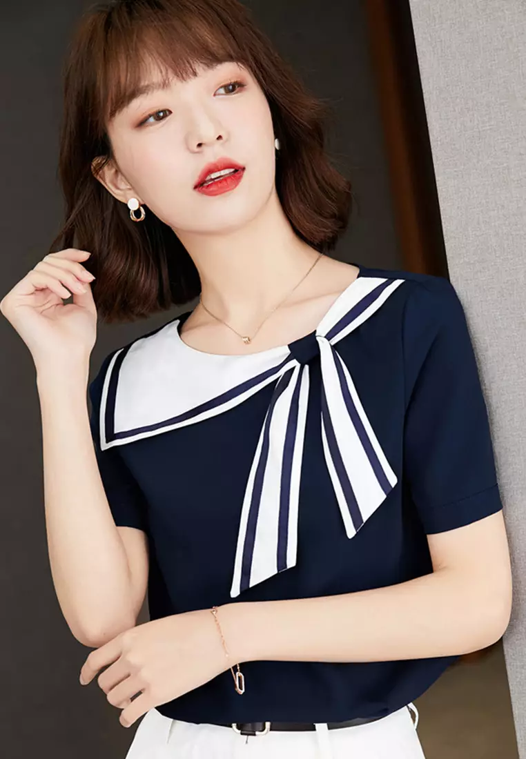 Western-Style Navy Blue Collar Loose Short-Sleeved Top A22022519BL