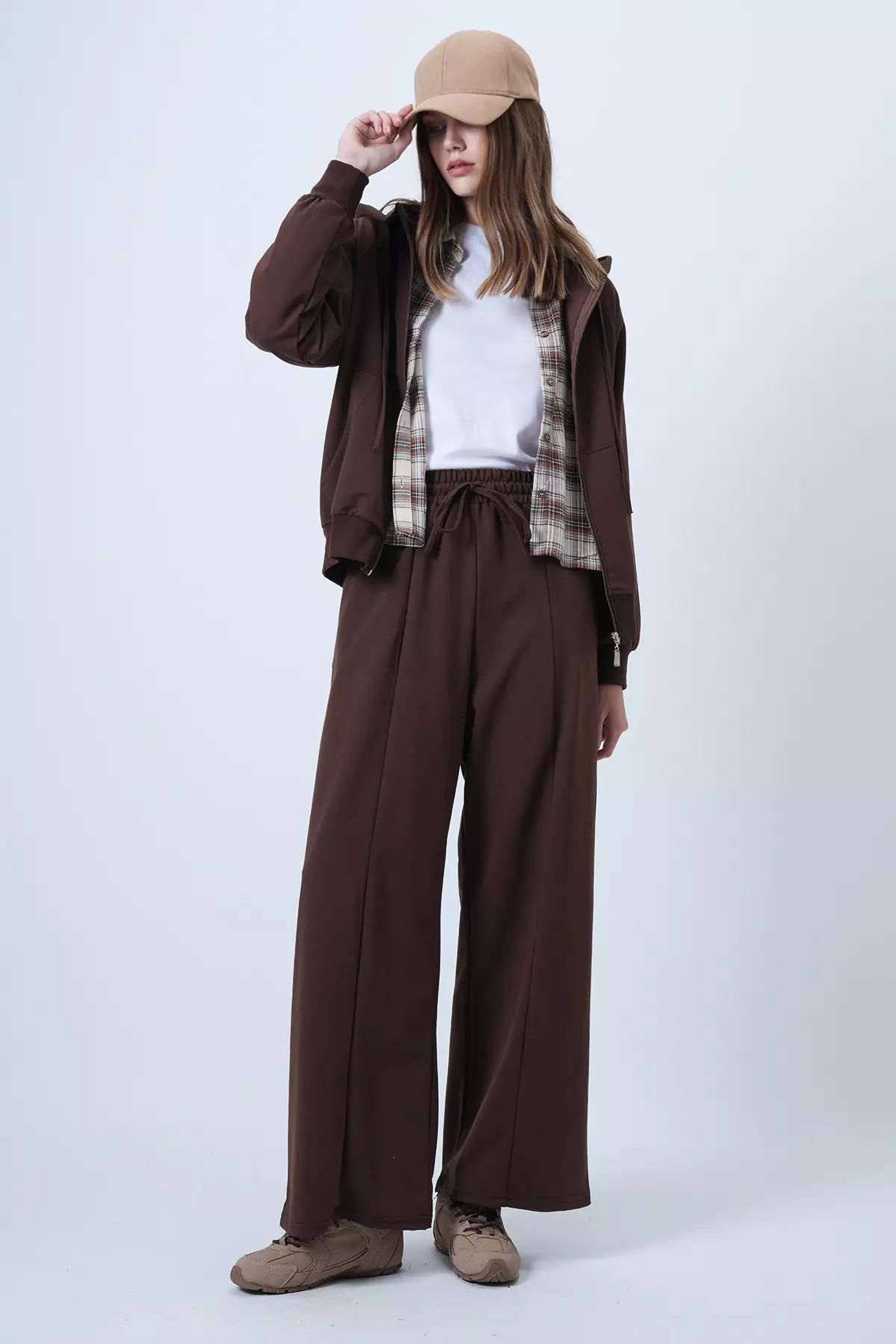Brown Hooded Zippered Jacket And High-Waisted Wide-Leg Pants Set Alc-X14606