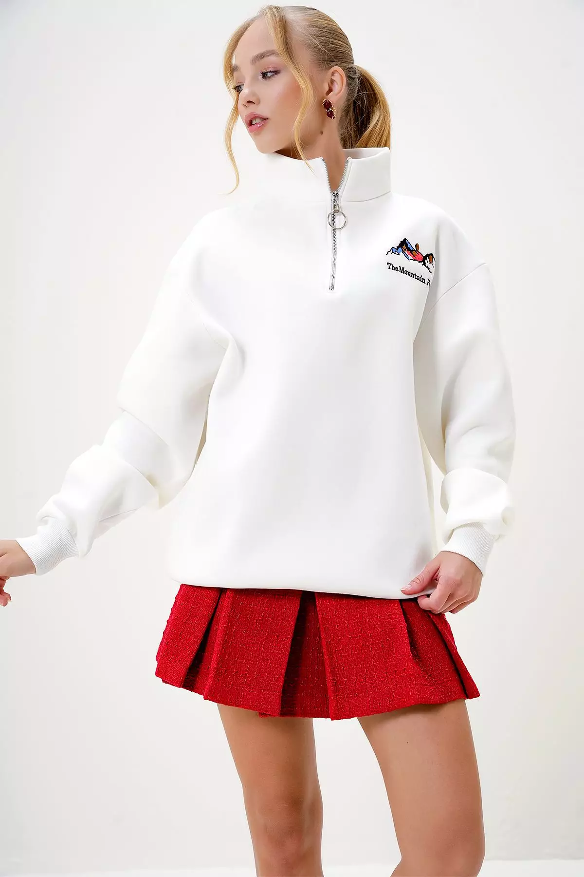 Women's Ecru Half Turtleneck Zippered Front Embroidered Inside Out Sweatshirt