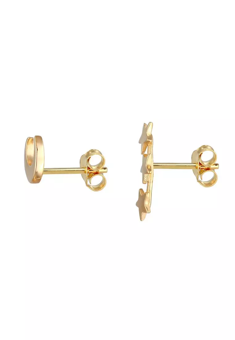 Anting Perhiasan Perak 925 Wanita Stud Crescent Moon Star Mix Gold Plated