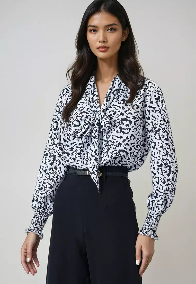 V-Neck Tie Detail Crepe Blouse