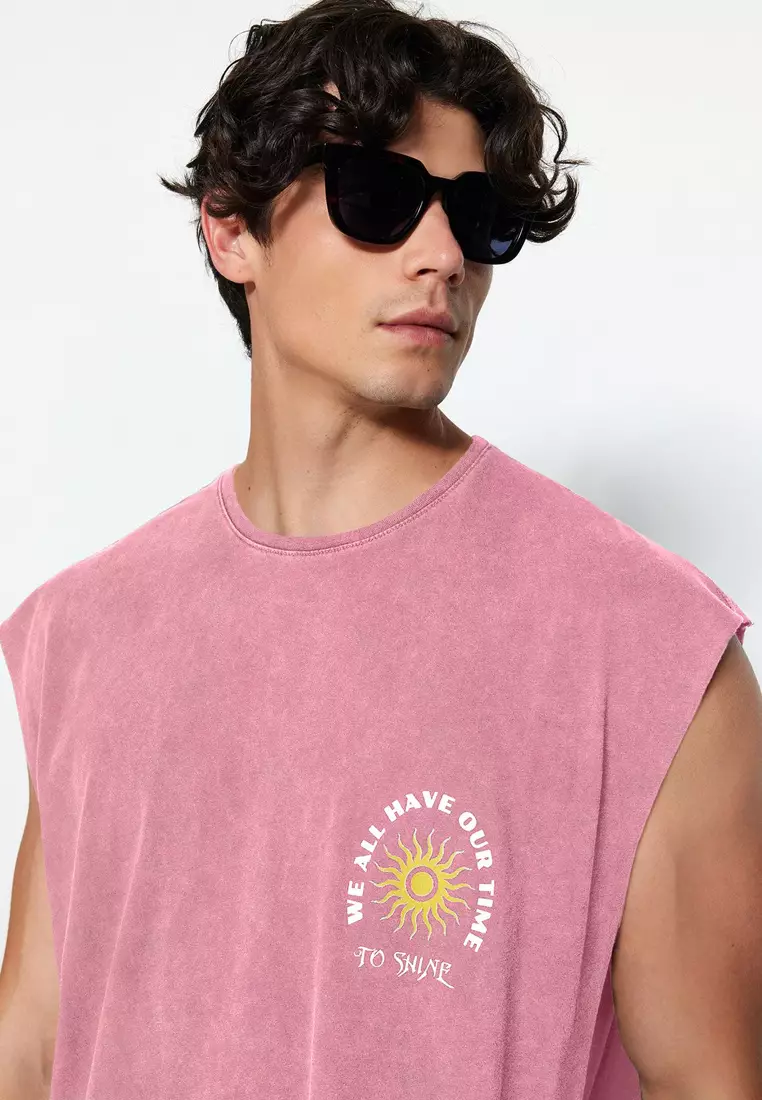 Pale Pink Oversize/Wide Cut Faded Effect Text Print 100% Cotton T-Shirt/Undershirt TMNSS23AL00009