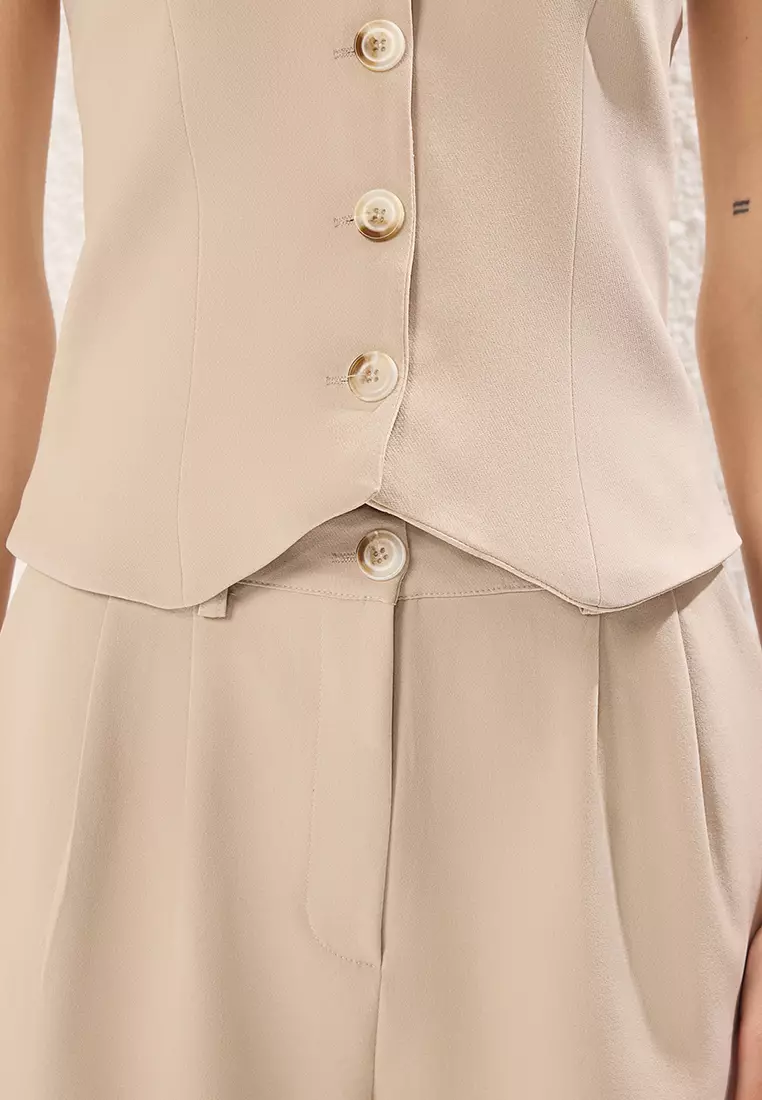 Beige Halter Neck Vest and Shorts Woven Double Bottom-Top Set TWOSS25AU00091