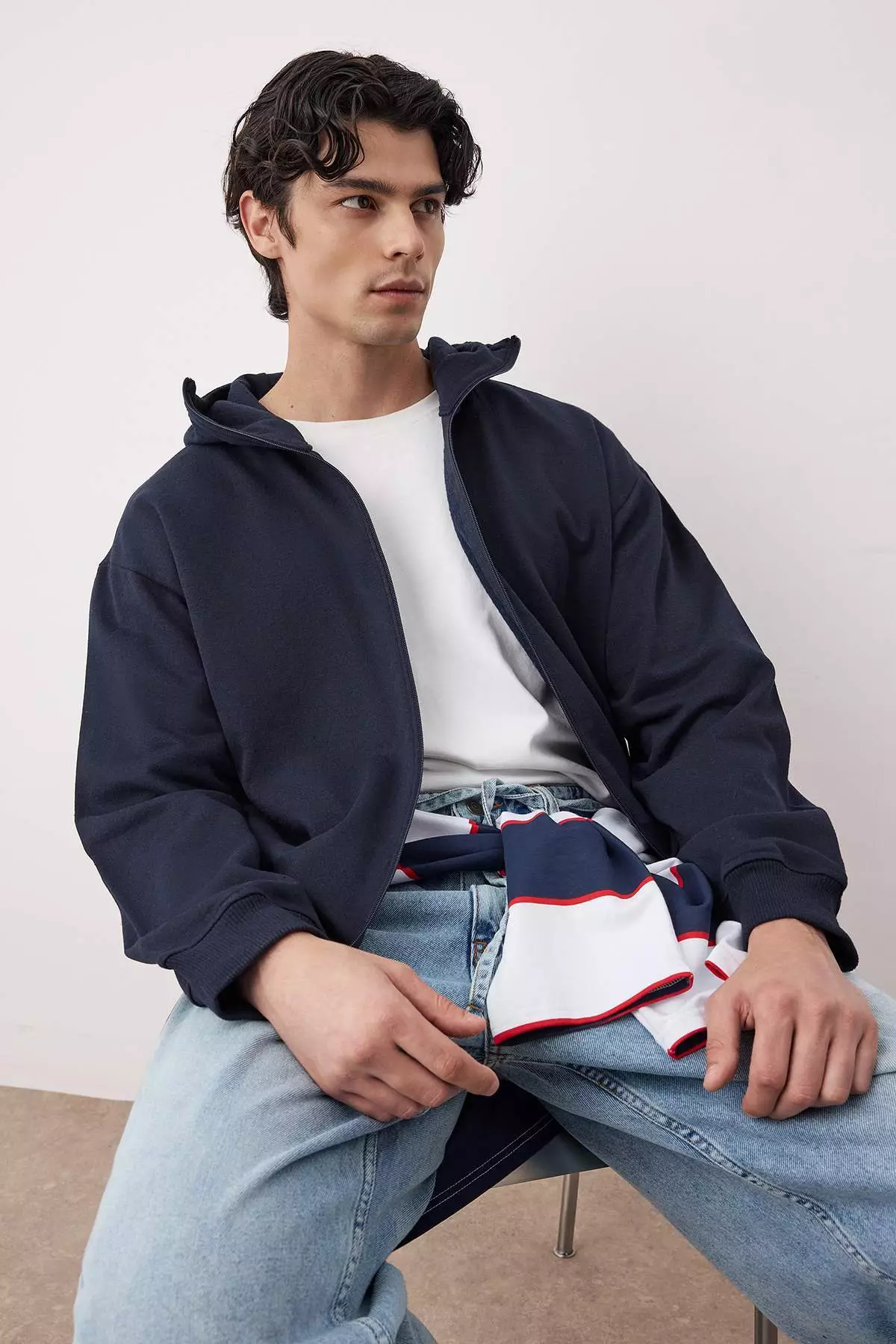 Navy Blue Oversize/Wide Cut Zippered Warm Hooded Sweatshirt-Cardigan
