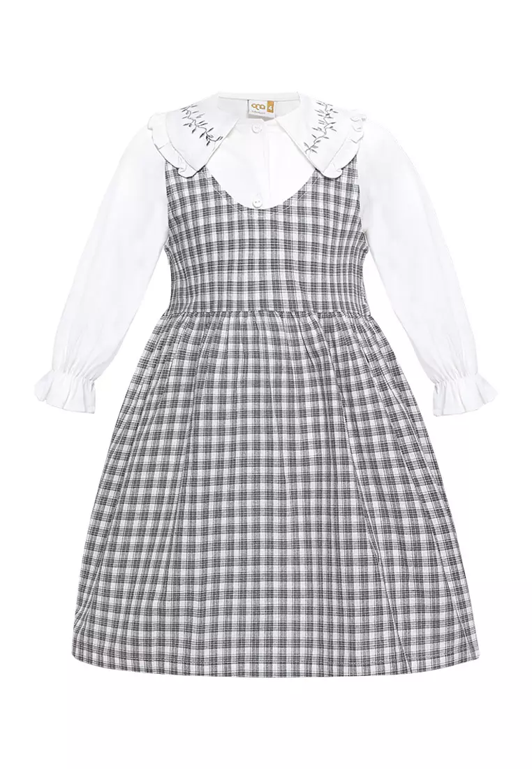 Qna Girl Christel Overall Dress Pendek Anak Abu Motif Kotak