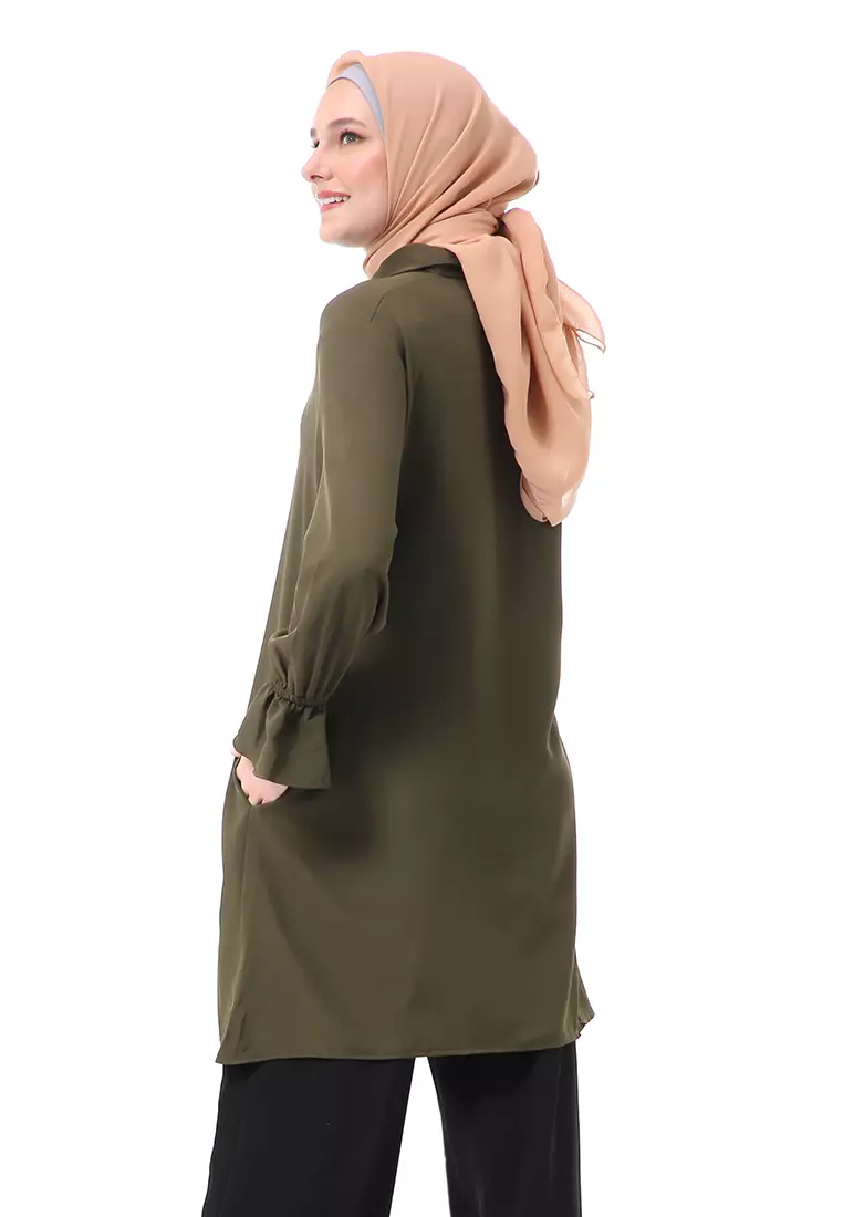 Aleina Blouse Muslimah Atasan Wanita Long Sleeve Premium High Quality - Army
