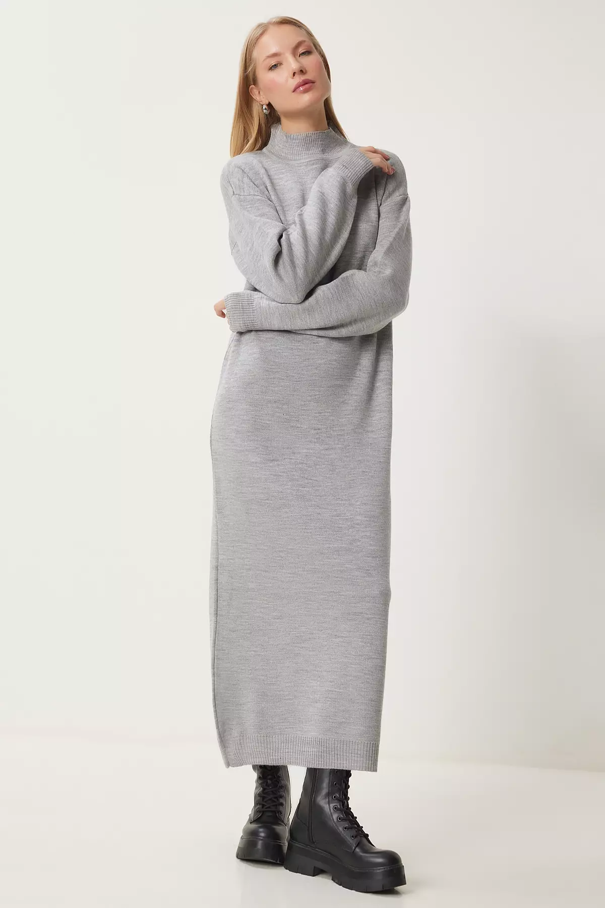 Women'S Gray Melange Turtleneck Long Knitwear Dress Dd01344