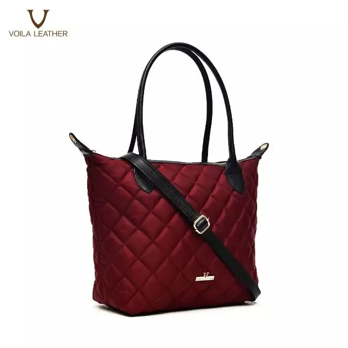 VOILA LEATHER Tas Tote Tas Selempang Wanita Nylon x Kulit Asli Genuine Leather x NylonTote Bag Sling Bag MILKYWAY Maroon