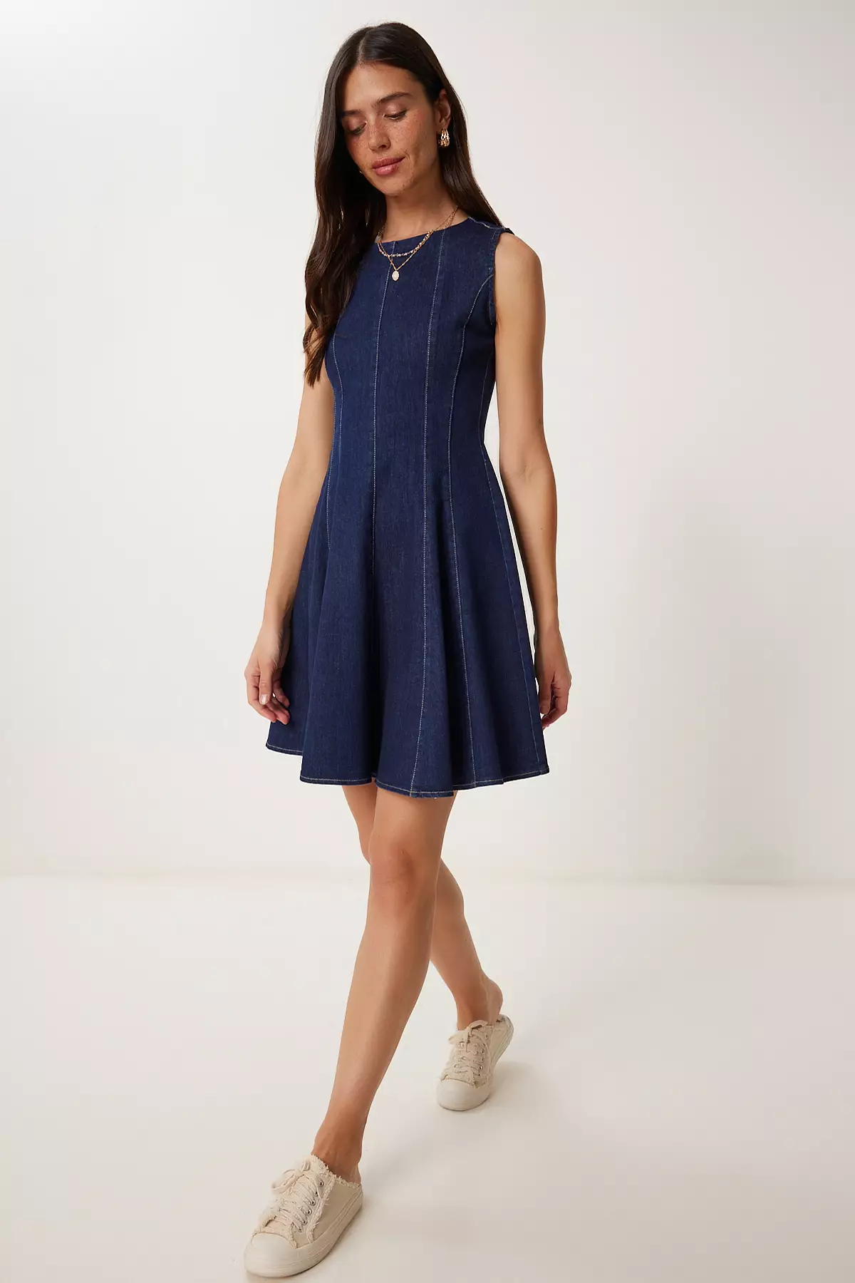 Women Dark Blue Flounced Mini Denim Dress Kq00012