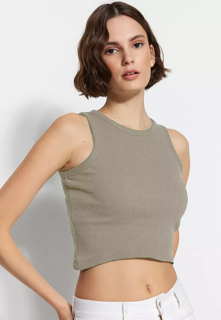Brown-Stone 2-Pack Crop Halter Neck Ribbed Flexible Knitted Undershirt