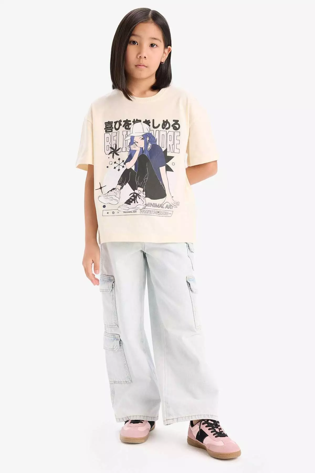 Girl's Oversize Wide Fit Crew Neck Printed Short Sleeve T-Shirt E0356A825Sm