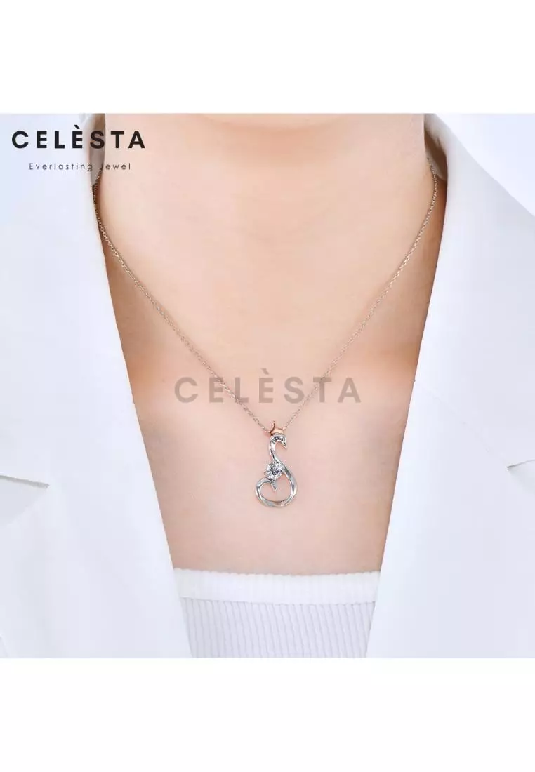 Berlian Moissanite Le Swan Pendant Dual Tone [GRA CERTIFICATE MOISSANITE DIAMOND] - Kalung 0,5 CT Moissanite Diamond 925 Silver CELESTA by Her Jewellery
