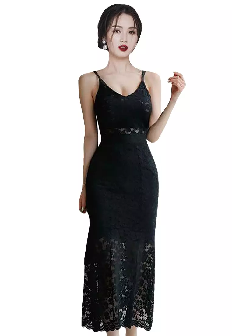 Buy Sunnydaysweety French Style Black Hollow Lace Strap Dress